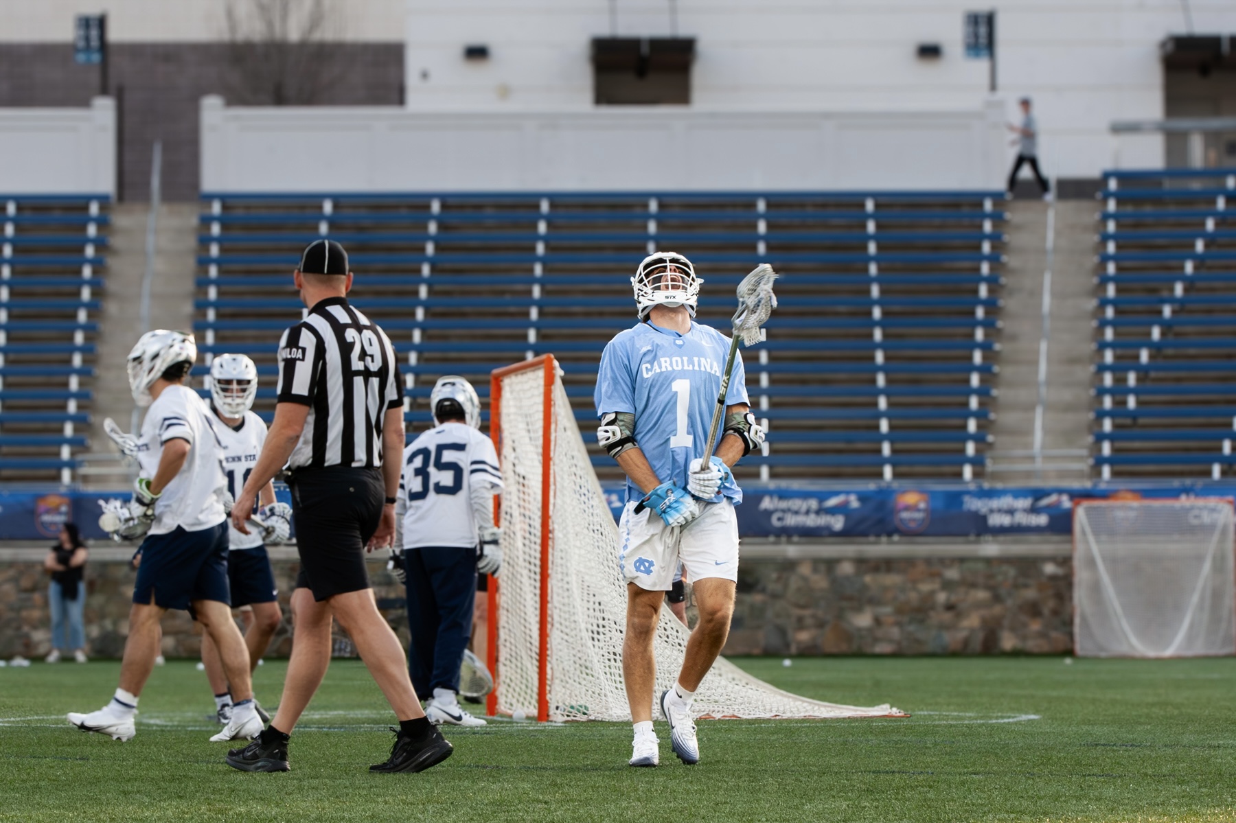 photo of UNC Men's Lacrosse player, Mason Szewczyk after scoring a goal in game against Penn.
